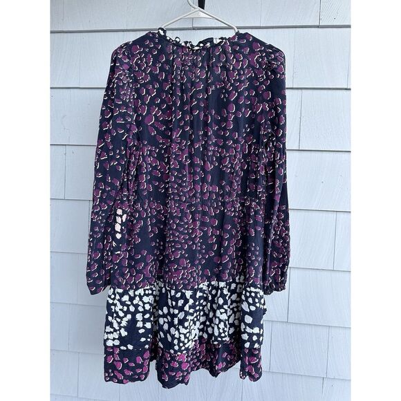 Marie Oliver Purple Printed Long Sleeve Alana Silk Tiered Mini Dress Size Medium - Picture 4 of 5
